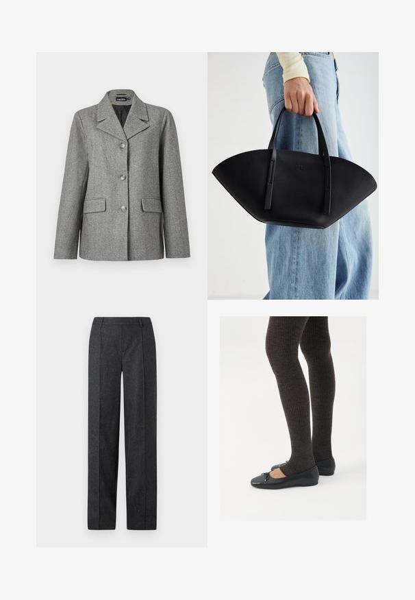 Siv herringbone blejzer z zarezanim ovratnikom, zapiranjem na tri gumbe, dvema sprednjima žepoma in strukturiranim krojem. Gladko blago in krojenje po meri.; Bela bluzica dolgih rokavov s valovitimi robovi na rokavih, Peter Pan ovratnikom in zavezanimi pentljami ter gumbi na zapestjih.; Temno sivi krojeni hlače s ravnim modelom, teksturirano blago in subtilne pike. Imajo raven sprednji del in zanke za pas.; Črne ravne čevlje z majhnim lokom na prstih, v kombinaciji s temno rjavimi rebrastimi nogavicami. Čevlji imajo gladko teksturo in nizko obliko.; Črna usnjena torbica z edinstveno obliko ventilatorja, z ravnimi ročaji. Površina ima teksturo z drobnimi kamni in minimalističen dizajn.