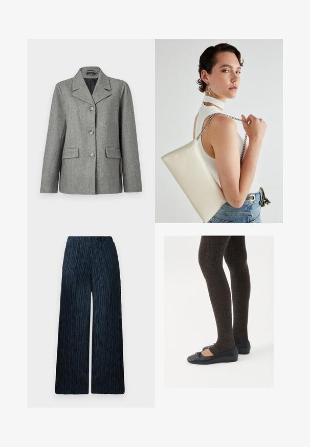 Pelēks chevrona žakets ar iecirtu apkakli, trijām pogām, divām priekšējām kabatām un strukturētu piegriezumu. Gluda auduma un pielāgota dizaina.; Balta garām piedurknēm blūze ar viļņotām malām piedurkņu galos, ar Pētera Pana apkakli un saišķīgu loku, kā arī ar pogātām aprocēm.; Platas kājas bikses tumši zilā krāsā ar teksturētu, krunkotu audumu. Aprīkotas ar elastīgu jostu ērtībai un gludu virsmu.; Melnas plakano formas kurpes ar mazu loku uz pirksta, apvienotas ar tumši brūnām ribotām zeķubiksēm. Kurpēm ir gluda tekstūra un zems profils.; Balts taisnstūra clutch soma, izgatavota no spīdīga materiāla, ar sudraba ķēdes siksnu. Modelis pozē, demonstrējot somu uz vienkārša fona.