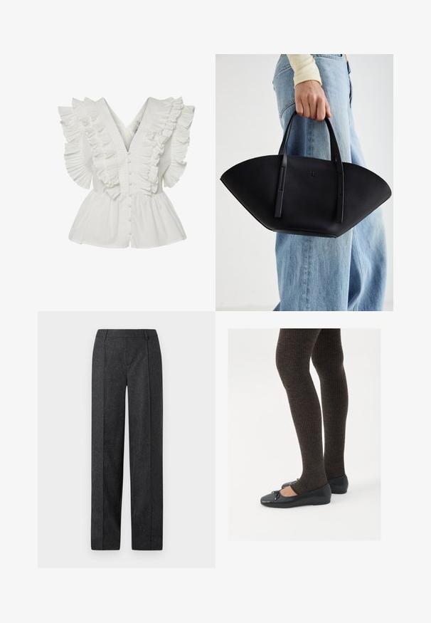 Grå fiskebensmønster blazer med notched krage, tre knappelukkinger, to frontlommer og en strukturert passform. Glatt stoff og skreddersydd design.; Hvit bluse med V-hals, volangermed legg, og knappelukking foran. Utsvingt kant gir volum og kontrast.; Mørk grå skreddersydde bukser med rett ben-design, teksturert stoff og subtile partikler. Har flat front og beltehemper.; Sorte flate sko med en liten sløyfedetalj på tåen, kombinert med mørkebrune ribbede strømpebukser. Skoene har en glatt overflate og lav profil.; Svart skinnveske med en unik vifteform, med flate håndtak. Overflaten har en pebblelignende tekstur og et minimalistisk design.