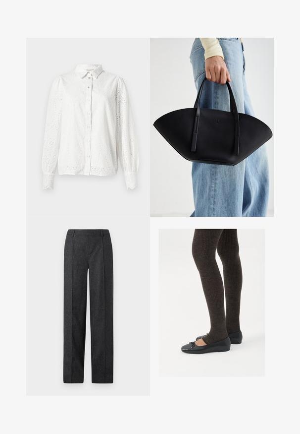 Szürke halszálkás blézer, kihajtott gallérral, három gombos záródással, két elülső zsebbel és strukturált fazonnal. Sima anyag és elegáns tervezés.; Fehér pamut ing hosszú ujjakkal, gombos elejével és hímzett részletekkel, amely paisley mintát tartalmaz. Kerek nyakék és ráncolt mandzsetta.; Sötétszürke, testre szabott nadrág egyenes lábszárral, texturált anyagból és finom szálcskékkel. Jellemzője a sima elülső rész és a övbújtatók.; Fekete lapos cipők kis masni díszítéssel az orrán, sötétbarna bordázott harisnyával párosítva. A cipők sima textúrával és alacsony profilúak.; Fekete bőr kézitáska egyedi legyezőformával, lapos füllel. A felülete kőriszerű textúrájú és minimalista dizájnnal rendelkezik.