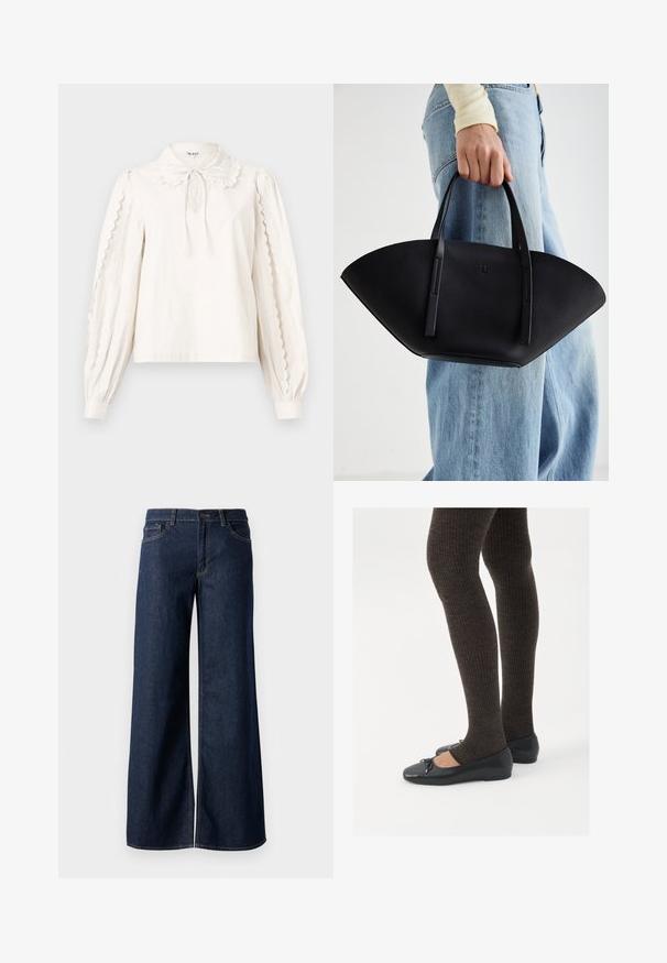 Gray herringbone blazer with notched collar, three button closure, two front pockets, and a structured fit. Smooth fabric and tailored design.; White long-sleeve blouse with scalloped edges on sleeves, a Peter Pan collar with a tied bow, and buttoned cuffs.; Wide-leg jeans in dark blue denim. Features contrast stitching, five pockets, and a button closure at the waist. Smooth texture.; Black flat shoes with a small bow detail at the toe, paired with dark brown ribbed tights. Shoes have a smooth texture and low profile.; Black leather handbag with a unique fan shape, featuring flat handles. The surface has a pebbled texture and a minimalistic design.