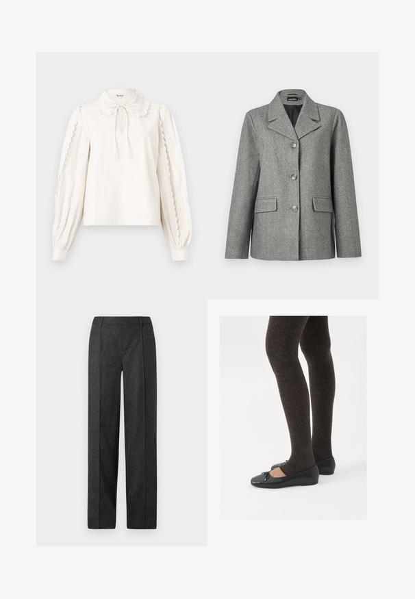 Blazer grigio a zigzag con colletto a rever, chiusura a tre bottoni, due tasche frontali e vestibilità strutturata. Tessuto liscio e design su misura.; Blusa bianca a maniche lunghe con bordi scallopati sulle maniche, colletto Peter Pan con fiocco annodato e polsini con bottoni.; Pantaloni tailored grigio scuro con design a gamba dritta, tessuto testurizzato e sottili venature. Presentano un davanti piatto e passanti per cintura.; Scarpe nere a flat con un piccolo fiocco sulla punta, abbinate a collant a coste marrone scuro. Le scarpe hanno una texture liscia e un profilo basso.