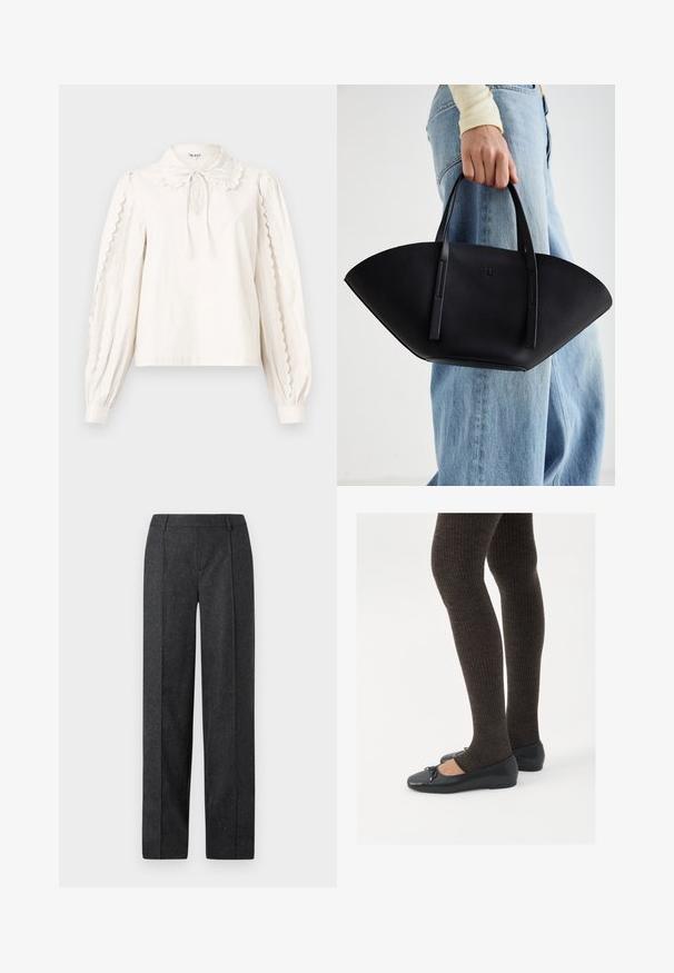 Grauer Fischgrätblazer mit Reverskragen, drei Knopfverschluss, zwei Fronttaschen und strukturierter Passform. Glattes Material und maßgeschneiderte Gestaltung.; Weiße Bluse mit langen Ärmeln, die an den Ärmeln mit gewellten Kanten gestaltet ist, einem Peter-Pan-Kragen mit einer gebundenen Schleife und großen Knöpfen an den Manschetten.; Dunkelgraue maßgeschneiderte Hose mit geradem Beinschnitt, strukturiertem Stoff und subtilen Sprenkeln. Verfügt über einen flachen Bund und Gürtelschlaufen.; Schwarze flache Schuhe mit einem kleinen Schleifendetail an der Zehe, kombiniert mit dunkelbraunen gerippten Strumpfhosen. Die Schuhe haben eine glatte Textur und ein niedriges Profil.; Schwarze Lederhandtasche mit einzigartiger Fächerform, ausgestattet mit flachen Griffen. Die Oberfläche hat eine genoppte Textur und ein minimalistisches Design.