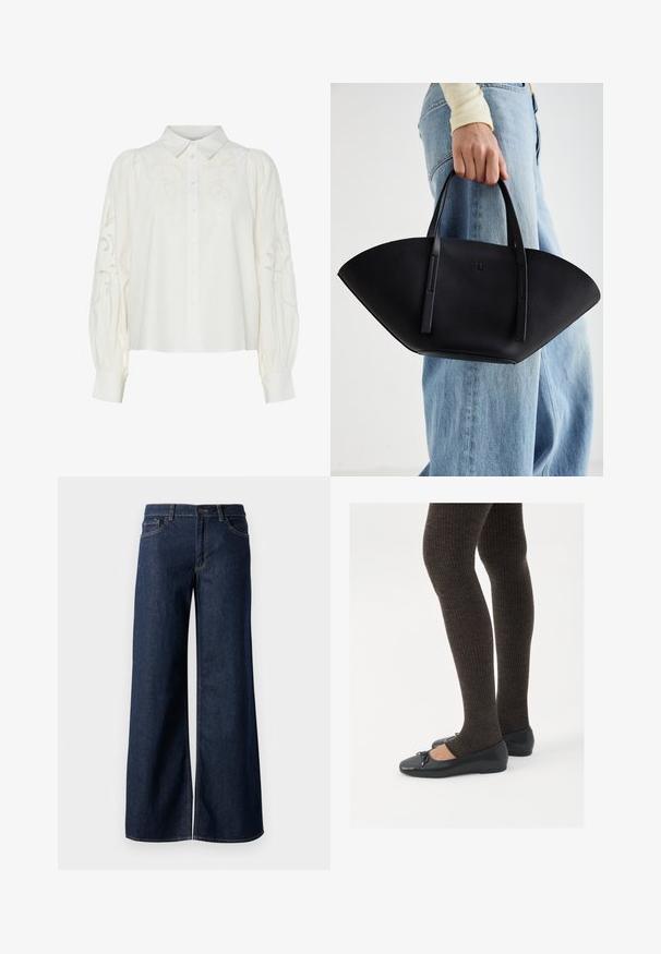 Sivi sako u riblju kost s izrezanim reverom, zatvaranjem na tri gumba, dva prednja džepa i strukturiranim krojem. Glatka tkanina i krojeni dizajn.; Bijela košulja s gumbima, s vezom cvjetnih uzoraka na prednjoj strani i rukavima. Ima napuhane rukave i klasičan ovratnik.; Široke traperice u tamnoplavoj denim boji. Sadrže kontrastno šivanje, pet džepova i kopčanje na dugme u struku. Glatka tekstura.; Crne ravne cipele s malim mašnom na vrhu prstiju, uparene s tamnosmešnim rebrovanim čarapama. Cipele imaju glatku teksturu i nizak profil.; Crna kožna torba jedinstvenog oblika ventilatora, s ravnim ručkama. Površina ima teksturu sličnu šljunku i minimalistički dizajn.