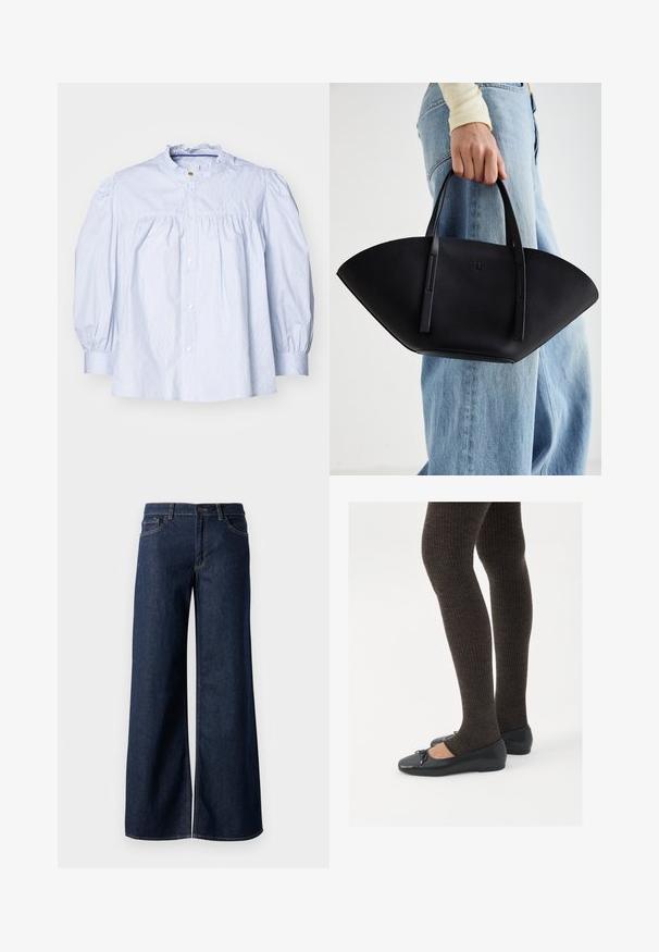 Sivý herringbone blejzer s výstrihom do V, zapínaním na tri gombíky, dvoma prednými vreckami a štruktúrovaným strihom. Hladká tkanina a priliehavý dizajn.; Svetlomodrá pruhovaná blúzka s volánikmi na golieri, balónovými rukávmi a gombíkovým zapínaním. Mäkkučký bavlnený materiál s nariasením na dekolte.; Džínsy s širokými nohavicami v tmavomodrom denime. Obsahujú kontrastné prešívanie, päť vreciek a gombíkový zips v oblasti pása. Hladká textúra.; Čierne ploché topánky s malou mašľou na špičke, v kombinácii s tmavohnedými rebrovanými pančuchami. Topánky majú hladký povrch a nízky profil.; Čierna kožená kabelka s jedinečným tvarom ventilátora, so plochými držadlami. Povrch má štruktúru s brúseným efektom a minimalistic design.
