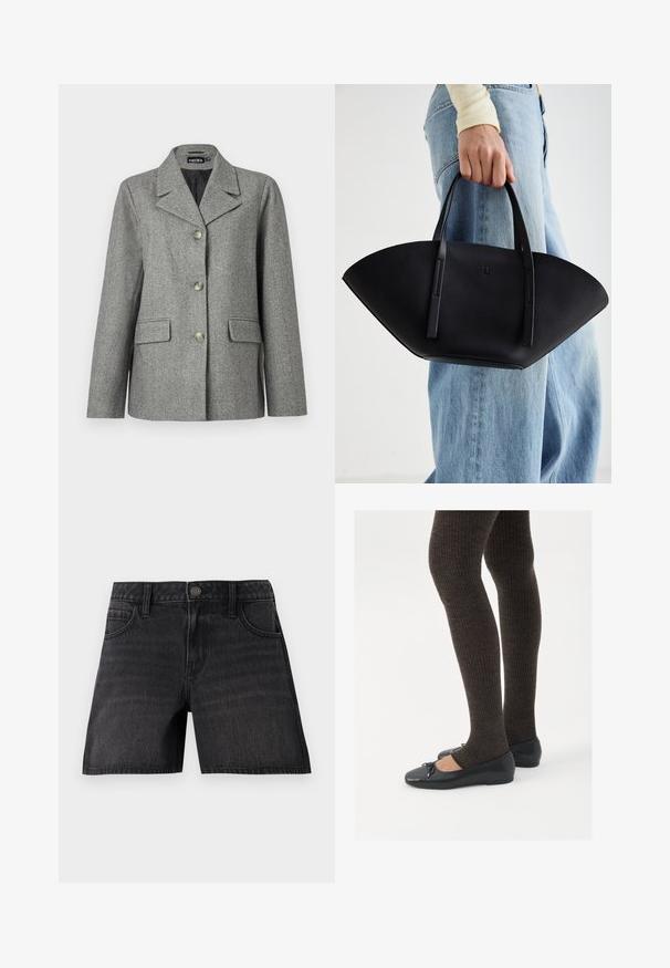 Sivý herringbone blejzer s výstrihom do V, zapínaním na tri gombíky, dvoma prednými vreckami a štruktúrovaným strihom. Hladká tkanina a priliehavý dizajn.; Biele tričko vyrobené z mäkkého, ľahkého materiálu. Má okrúhly výstrih a krátke, široké rukávy s uvoľneným strihom. Bez viditeľných vzorov.; Čierne riflové šortky s klasickým strihom, obsahujúce päť vreciek, zapínanie na gombík a jemné blednutie v textúre látky.; Čierne ploché topánky s malou mašľou na špičke, v kombinácii s tmavohnedými rebrovanými pančuchami. Topánky majú hladký povrch a nízky profil.; Čierna kožená kabelka s jedinečným tvarom ventilátora, so plochými držadlami. Povrch má štruktúru s brúseným efektom a minimalistic design.
