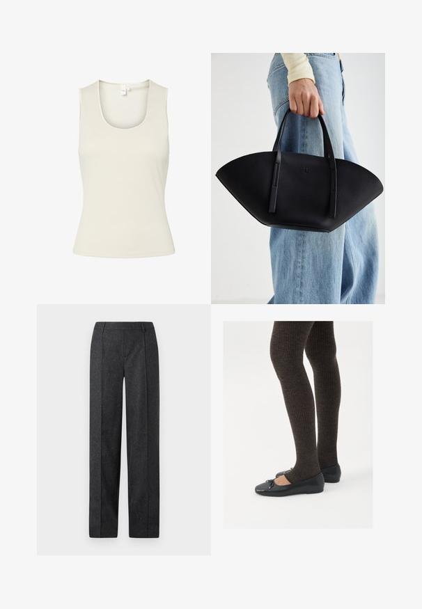 Blazer en chevrons gris avec col cranté, fermeture à trois boutons, deux poches avant et coupe structurée. Tissu lisse et design ajusté.; Débardeur blanc sans manches en maille côtelée avec encolure dégagée, fabriqué en tissu extensible, présenté sur fond blanc.; Pantalons ajustés gris foncé avec un design à jambes droites, en tissu texturé avec de subtiles speckles. Présente un devant plat et des passants de ceinture.; Chaussures plates noires avec un petit nœud au niveau des orteils, associées à des collants côtelés marron foncé. Les chaussures ont une texture lisse et un profil bas.; Sac à main en cuir noir avec une forme de éventail unique, doté de poignées plates. La surface présente une texture granuleuse et un design minimaliste.