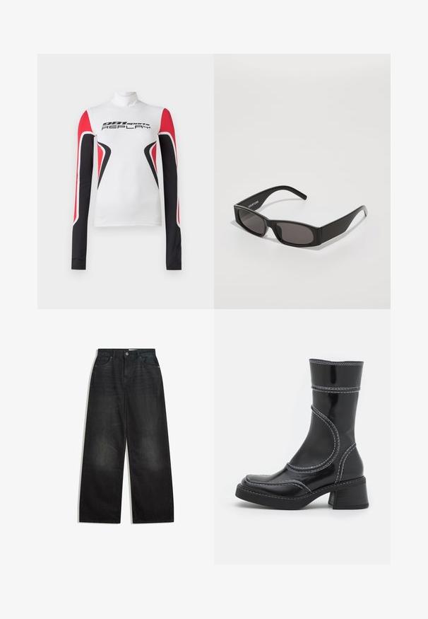 Freaky Nation BESSI - Kožená bunda - black; Bílý pletený svetr s dlouhým rukávem, kulatým výstřihem a mírně zkráceným lemem, vystavený na bílém pozadí.; Bílý sportovní top s dlouhým rukávem, červenými a černými geometrickými vzory a textem "981 sports REPLAY" na přední straně, s vysokým límcem.; Černé džíny s širokými nohavicemi a vysokým pasem, které mají pět kapes a zipový zip. Materiál má hladkou texturu a jemné vyblednutí.; Černé lakované kotníkové boty s bílým prošíváním, kulatou špičkou a blokovým podpatkem. Charakteryzují se zakřivenými designovými liniemi a hladkým povrchem.; Černé obdélníkové sluneční brýle s tmavými skly, hladkým plastovým rámem a diskrétním logem na levém rameni. Minimalistický design.; Taška přes rameno v tygřím pruhu, se světle béžovým podkladem a černými pruhy, hladkým povrchem a černými akcenty. Součástí je nastavitelné ucho.