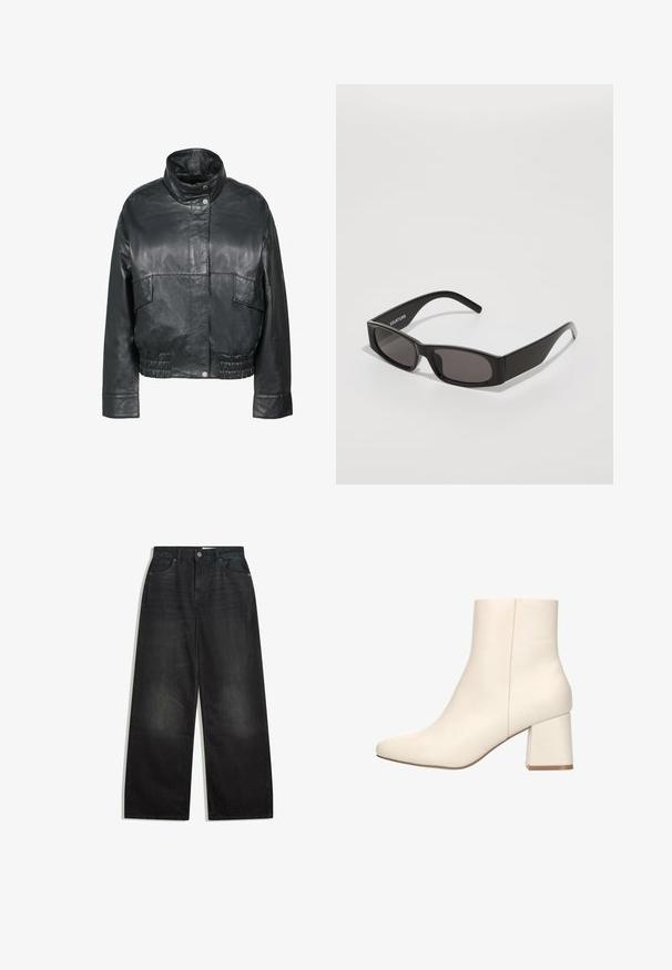 Freaky Nation BESSI - Leren jas - black; Witte gebreide trui met lange mouwen, ronde hals en iets verkorte zoom, plat weergegeven op een witte achtergrond.; Wijde zwarte denim jeans met een hoge taille, voorzien van vijf zakken en een ritssluiting. De stof heeft een gladde textuur met subtiele vervaging.; Witte enkellaarzen met een gladde leren buitenkant, puntige neus en een stevige blokhak met een subtiele accent aan de basis.; Zwarte rechthoekige zonnebril met donkere glazen, een gladde plastic montuur en een subtiel logo op de linkerarm. Minimalistisch ontwerp.; Tote bag in een tijgerprintpatroon, met een beige basis en zwarte strepen, een gladde textuur en zwarte accenten. Inclusief verstelbare schouderband.