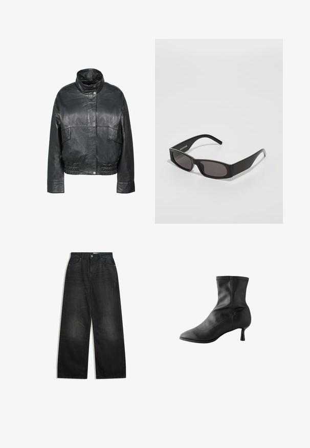 Freaky Nation BESSI - Leather jacket - black; White long-sleeve knitted sweater with crew neckline and slightly cropped hem, displayed flat on a white background.; Wide-leg black denim jeans with a high waist, featuring five pockets and a zip fly. The fabric has a smooth texture with subtle fading.; Black ankle boot made of smooth leather, featuring a pointed toe and a narrow, cylindrical heel. Stitching accents along the top edge.; Black rectangular sunglasses with dark lenses, a smooth plastic frame, and a subtle logo on the left arm. Minimalist design.; Tote bag in a tiger stripe pattern, featuring a beige base with black stripes, smooth texture, and black accents. Adjustable strap included.