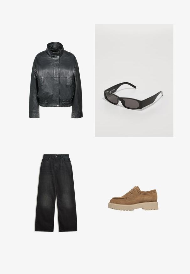 Freaky Nation BESSI - Lederjacke - black; Weißer, langärmeliger Strickpullover mit Rundhalsausschnitt und leicht verkürztem Saum, auf einem weißen Hintergrund flach präsentiert.; Weite schwarze Jeans aus Denim mit hoher Taille, ausgestattet mit fünf Taschen und einem Reißverschluss. Der Stoff hat eine glatte Textur mit subtilen Ausbleichungen.; Braune Wildlederschuhe mit abgerundeter Zehenpartie, Schnürdesign und einer dicken beigen Gummisohle, die über tiefe Rillen für besseren Halt verfügt.; Schwarze rechteckige Sonnenbrille mit dunklen Gläsern, einem glatten Kunststoffrahmen und einem dezenten Logo am linken Bügel. Minimalistisches Design.; Tote-Bag im Tigermuster, mit beigem Grund und schwarzen Streifen, glatter Textur und schwarzen Akzenten. Verstellbarer Tragegurt enthalten.