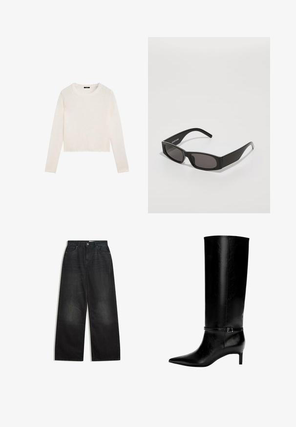 Freaky Nation BESSI - Kožená bunda - black; Bílý pletený svetr s dlouhým rukávem, kulatým výstřihem a mírně zkráceným lemem, vystavený na bílém pozadí.; Černé džíny s širokými nohavicemi a vysokým pasem, které mají pět kapes a zipový zip. Materiál má hladkou texturu a jemné vyblednutí.; Černá kožená vysoká bota po kolena s špičatou špičkou a malým podpatkem. Obsahuje úzký pásek s kovovou sponou kolem kotníku. Hladký povrch.; Černé obdélníkové sluneční brýle s tmavými skly, hladkým plastovým rámem a diskrétním logem na levém rameni. Minimalistický design.; Taška přes rameno v tygřím pruhu, se světle béžovým podkladem a černými pruhy, hladkým povrchem a černými akcenty. Součástí je nastavitelné ucho.