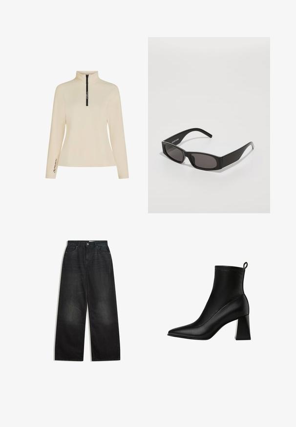 Freaky Nation BESSI - Veste en cuir - black; Pull-over en polaire beige avec un col montant, un zip court à l'avant et une fermeture éclair noire avec logo. Présente le logo "Polartec" sur la manche. Texture lisse.; Jean en denim noir à jambe large avec une taille haute, comportant cinq poches et un zip. Le tissu a une texture lisse avec une légère décoloration.; Stradivarius STRETCH - Bottines - black; Lunettes de soleil rectangulaires noires avec des verres sombres, une monture en plastique lisse et un logo subtil sur la tige gauche. Design minimaliste.; Sac fourre-tout avec un motif en rayures de tigre, arborant une base beige avec des rayures noires, une texture lisse et des accents noirs. Sangle réglable incluse.