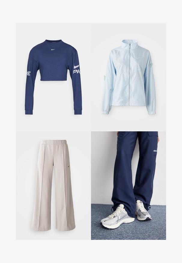 Lys blå zip-up jakke med høy krage, elastiske mansjetter, delikat sommerfuglbroderi på ermene og liten Nike-logo på brystet.; Mørkeblå kortermet langermet skjorte laget av stoff, med rund halsutringning og hvite "PRO"- og logo-trykk på ermene.; Lys grå vide bukser lavet af glat stof. Har en elastisk talje og sort Nike-logo på venstre side.; Nike treningssko med sølvfarget mesh-overdel, hvite detaljer og teksturerte såler, kombinert med løse mørkeblå bukser.
