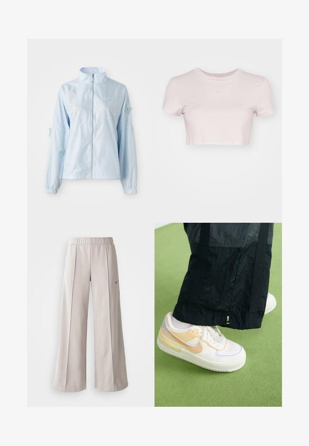 Ljusblå zip-up jacka med hög krage, elastiska ärmslut, delikat fjärilsbroderi på ärmarna och liten Nike-logotyp på bröstet.; Kortärmad T-shirt i ljusrosa, tillverkad av mjukt material. Har rundad halsringning och korta ärmar med en liten vit Nike-logotyp på bröstet.; Ljusgrå vida byxor tillverkade av mjukt tyg. Har en elastisk midja och svart Nike-logotyp på vänster sida.; Vita sneakers med pastellorange och blå accenter, strukturerad yta, snörning och en tjock vit sula. Svarta, lätta byxor bärs.