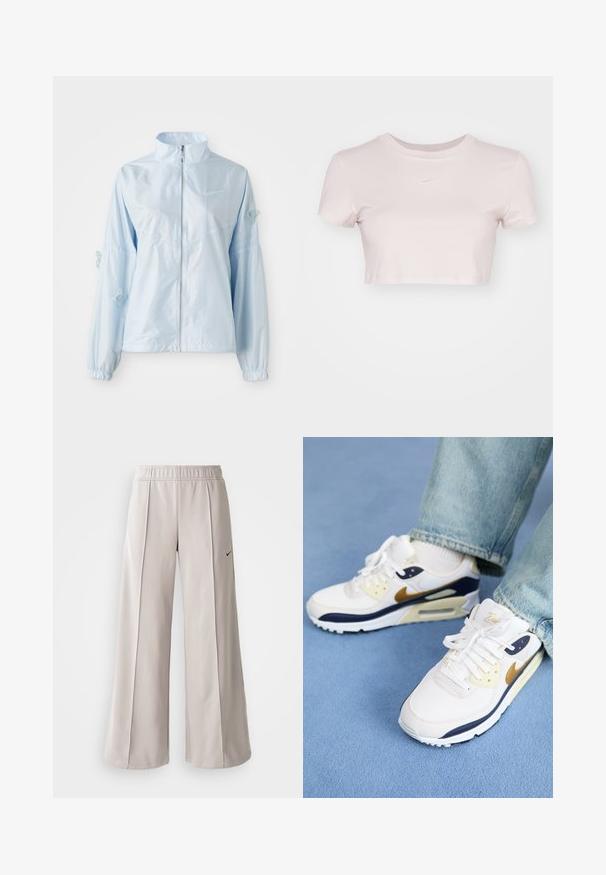 Svijetloplava jakna s patentnim zatvaračem i visokim ovratnikom, elastičnim manžetama, nježnim vezom leptira na rukavima i malim Nike logom na prsima.; Skraćeni majica u svijetlo ružičastoj boji, izrađena od mekog materijala. Ima okrugli izrez i kratke rukave s malim bijelim Nike logotipom na prsima.; Svijetlosive hlače širokih nogavica od glatkog materijala. Imaju elastičnu traku u struku i crni Nike logo na lijevoj strani.; Bijela tenisica s mornarsko plavim i zlatnim detaljima, od mrežastog i kožnog materijala, perforiranim bočnim dijelovima, ravnim vezicama i vidljivim zračnim jastučićem.
