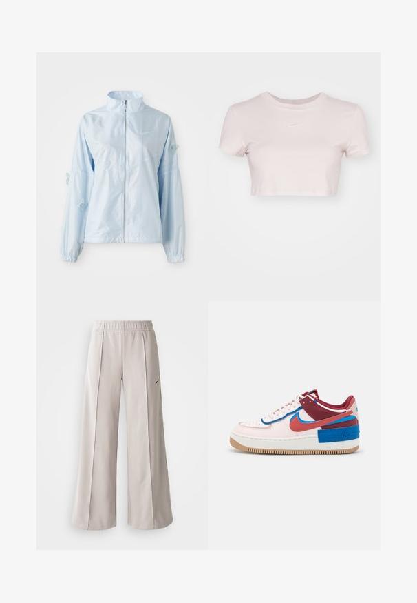 Giacca zip-up azzurro chiaro con colletto alto, polsini elastici, delicata ricamo di farfalla sulle maniche e piccolo logo Nike sul petto.; T-shirt accorciato di colore rosa chiaro, realizzato in tessuto morbido. Presenta un collo tondo e maniche corte con un piccolo logo Nike bianco sul petto.; Pantaloni ampi grigio chiaro realizzati in tessuto liscio. Presentano una vita elastica e il logo Nike nero sul lato sinistro.; Nike Sportswear AF1 SHADOW - Sneakers basse - light soft pink/canyon rust/fossil stone/team red/photo blue/blue jay