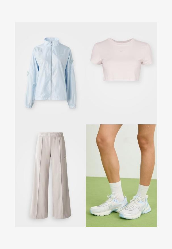Gaiši zils jaku ar rāvējslēdzēju, augstu apkakli, elastīgām piedurknēm, smalku tauriņu izšuvumu uz piedurknēm un nelielu Nike logo uz krūtīm.; Grezno piegriezts T-krekls gaiši rozā krāsā, izgatavots no mīkstas auduma. Tam ir apaļa apmale un īsas piedurknes, ar mazu balto Nike logo krūtīs.; Gaiši pelēkas platas bikses, izgatavotas no gludas auduma. Iezīmēta ar elastīgu jostu un melnu Nike logo kreisajā pusē.; Baltas un gaiši zils sporta apavu modelis, kas izgatavots no sieta un sintētiskajiem materiāliem, ar teksturētām akcentiem, noapaļotu formu un ar mīkstinātu zoli.