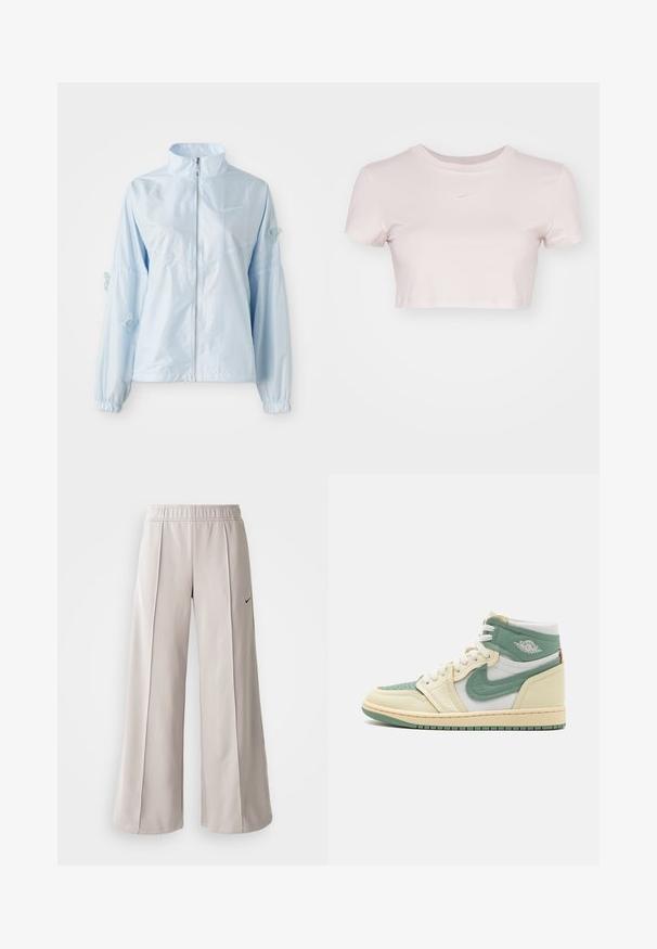 Light blue zip-up jacket with high collar, elastic cuffs, delicate butterfly embroidery on sleeves, and small Nike logo on chest.; Cropped T-shirt in light pink, made of soft fabric. Features a crew neck and short sleeves with a small white Nike logo on the chest.; Light gray wide-leg pants made of smooth fabric. Features an elastic waistband and black Nike logo on the left side.; Jordan AIR JORDAN 1 HIGH METHOD OF MAKE - High-top trainers - coconut milk/jade smoke/sail