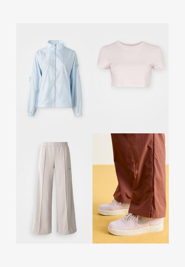 Hele sinine lukuga sulejo, kõrge krae, elastsete mansettidega, õrnate liblikate tikanditega varrukatel ja väike Nike logo rinnal.; Lühikeste varrukatega helesinine lühikesed T-särk, valmistatud pehmest kangast. Omab ümmargust kaelaauku ja rinnal on väike valge Nike logo.; Heledad hallide püksid, mis on valmistatud siledast kangast. Omab elastset vöökohta ja musta Nike logo vasakul küljel.; Roosa sukadest valmistatud spordijalatsid valge tallaga, millel on hõbedane Nike logo. Kombineeritud laia lõikega roostes värvi pükstega, millel on külje lõhik.