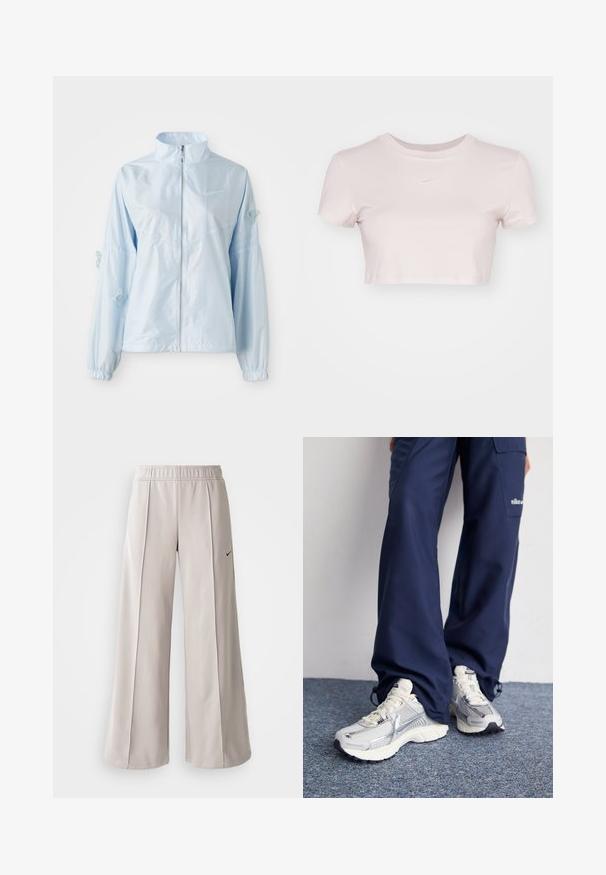 Jasnoniebieska kurtka zapinana na zamek z wysokim kołnierzem, elastycznymi mankietami, delikatnym haftem motyla na rękawach oraz małym logo Nike na piersi.; Przycięta koszulka w jasnym różu, wykonana z miękkiego materiału. Posiada okrągły dekolt i krótkie rękawy z małym białym logo Nike na klatce piersiowej.; Jasnoszare spodnie o szerokich nogawkach, wykonane z gładkiego materiału. Posiadają elastyczny pas i czarne logo Nike po lewej stronie.; Buty sportowe Nike z górą z siateczki w kolorze srebrnym, białymi akcentami i teksturowanymi podeszwami, w połączeniu z luźnymi granatowymi spodniami.