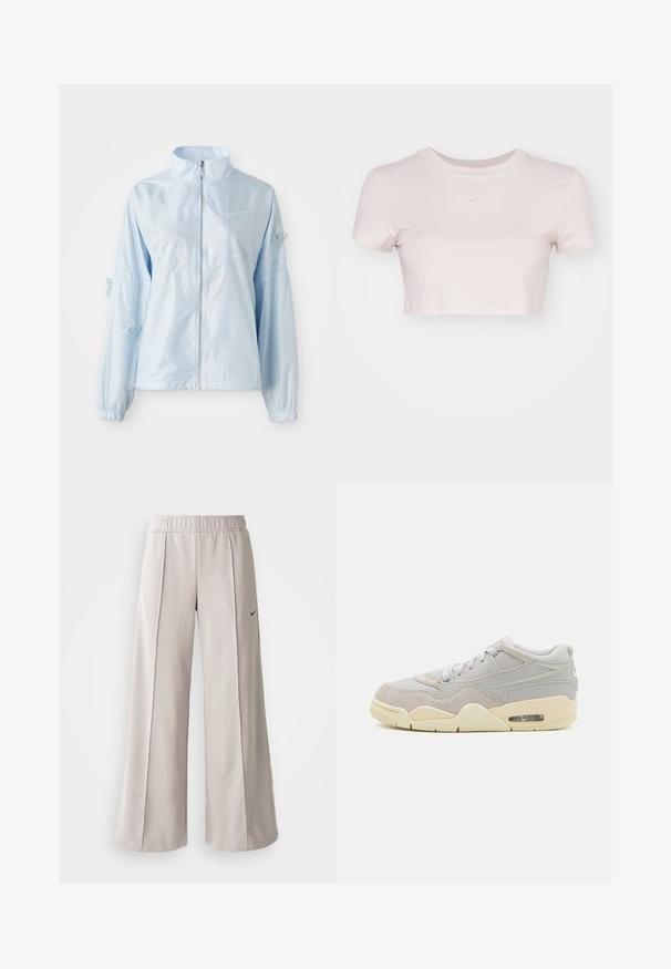 Hellblaue Zip-Jacke mit hohem Kragen, elastischen Bündchen, feiner Schmetterlingsstickerei an den Ärmeln und kleinem Nike-Logo auf der Brust.; Gekürztes T-Shirt in Hellrosa, aus weichem Stoff gefertigt. Verfügt über einen Rundhals-Ausschnitt und kurze Ärmel mit einem kleinen weißen Nike-Logo auf der Brust.; Helle graue, weit geschnittene Hose aus glattem Stoff. Mit einem elastischen Bund und dem schwarzen Nike-Logo auf der linken Seite.; Hellgraue Sneakers aus Wildleder und Mesh-Materialien, mit runder Zehenpartie, flachem Schnürdesign, subtilen Cremeakzenten und sichtbarem Luftpolster.