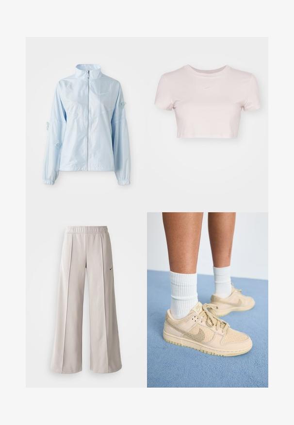Hele sinine lukuga sulejo, kõrge krae, elastsete mansettidega, õrnate liblikate tikanditega varrukatel ja väike Nike logo rinnal.; Lühikeste varrukatega helesinine lühikesed T-särk, valmistatud pehmest kangast. Omab ümmargust kaelaauku ja rinnal on väike valge Nike logo.; Heledad hallide püksid, mis on valmistatud siledast kangast. Omab elastset vöökohta ja musta Nike logo vasakul küljel.; Bež Nike spordijalatsid on varustatud tekstureeritud nahast pealmise osa ja võrgumaterjalist detailidega, ümmarguste paeltega, pehme tallaga ning ribatud valgete sokkidega.