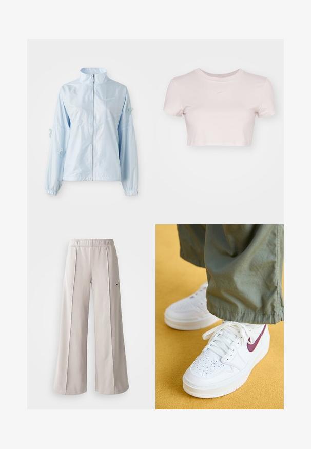 Hele sinine lukuga sulejo, kõrge krae, elastsete mansettidega, õrnate liblikate tikanditega varrukatel ja väike Nike logo rinnal.; Lühikeste varrukatega helesinine lühikesed T-särk, valmistatud pehmest kangast. Omab ümmargust kaelaauku ja rinnal on väike valge Nike logo.; Heledad hallide püksid, mis on valmistatud siledast kangast. Omab elastset vöökohta ja musta Nike logo vasakul küljel.; Jordan AIR JORDAN 1 ELEVATE - Tossud - white/bordeaux/white onyx