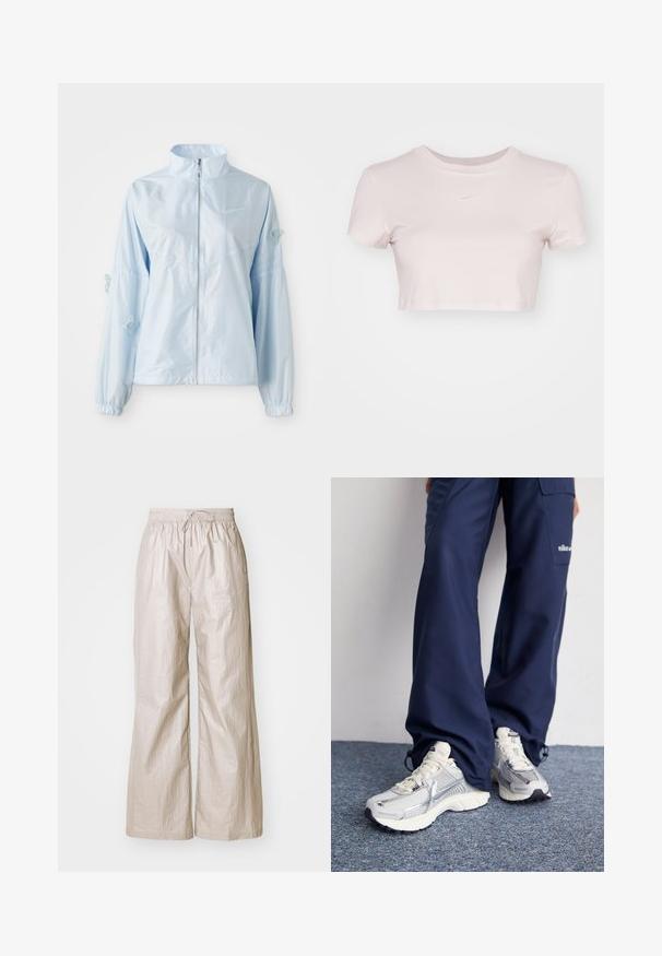 Svetlo modra jakna na zadrgo z visokim ovratnikom, elastičnimi zapestji, nežno vezeno metuljčko na rokavih in majhnim logotipom Nike na prsih.; Kratka majica v svetlo rožnati barvi, izdelana iz mehke tkanine. Ima krojen izrez in kratke rokave ter majhen bel Nike logo na prsih.; Svetlo bež hlače širokih nogavic iz gubane tkanine, ki imajo elastiko v pasu z vezalko in stranske žepe.; Nike športni čevlji s srebrno mrežasto zgornjico, belimi poudarki in teksturiranimi podplati, v kombinaciji s sproščenimi temno modrimi hlačami.