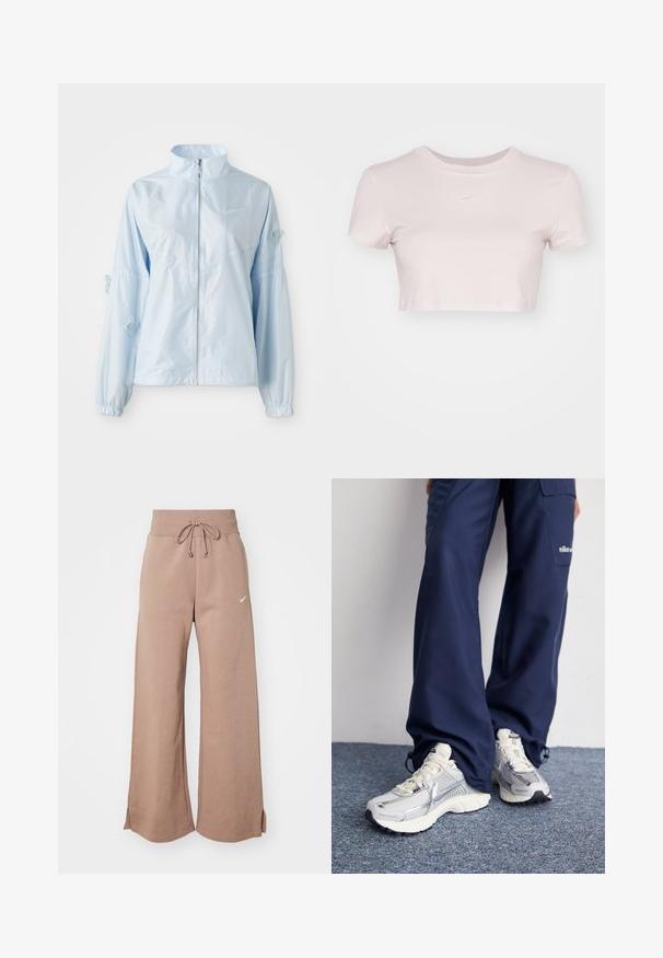 Svetlo modra jakna na zadrgo z visokim ovratnikom, elastičnimi zapestji, nežno vezeno metuljčko na rokavih in majhnim logotipom Nike na prsih.; Kratka majica v svetlo rožnati barvi, izdelana iz mehke tkanine. Ima krojen izrez in kratke rokave ter majhen bel Nike logo na prsih.; Rjave široke trenirke iz mehkega materiala, z vrvico za nastavitev v pasu in majhnim belim logotipom na levem boku.; Nike športni čevlji s srebrno mrežasto zgornjico, belimi poudarki in teksturiranimi podplati, v kombinaciji s sproščenimi temno modrimi hlačami.
