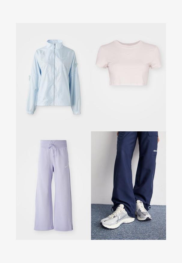 Gaiši zils jaku ar rāvējslēdzēju, augstu apkakli, elastīgām piedurknēm, smalku tauriņu izšuvumu uz piedurknēm un nelielu Nike logo uz krūtīm.; Grezno piegriezts T-krekls gaiši rozā krāsā, izgatavots no mīkstas auduma. Tam ir apaļa apmale un īsas piedurknes, ar mazu balto Nike logo krūtīs.; Gaiši violetas platās sporta bikses ar aukliņu viduklī, ar mazu baltu Nike logotipu kreisajā pusē un sānu spraugām apakšmalā.; Nike sporta apavi ar sudraba sietu augšdaļu, baltām akcentiem un teksturētām zolēm, saskaņoti ar brīviem zila toņa biksēm.