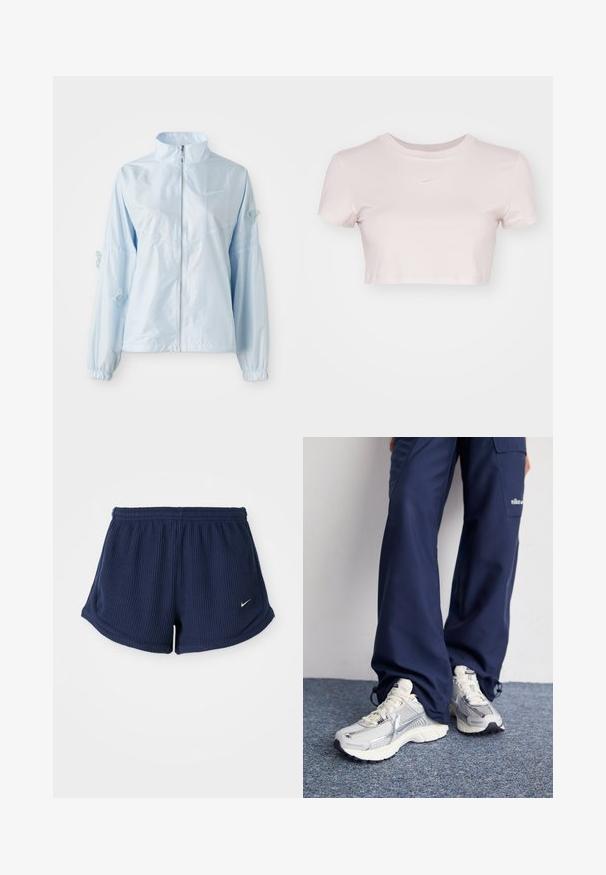 Šviesiai mėlynas užtrauktuku užsegamas džemperis su aukštu apykakle, elastingomis rankovėmis, subtiliais drugelių siuvinėjimais ant rankovių ir mažuoju Nike logotipu ant krūtinės.; Šviesiai rožinė trumpa marškinė, pagaminta iš minkštos medžiagos. Turi apvalų kaklą ir trumpas rankoves, su mažu baltu Nike logotipu ant krūtinės.; Tamsiai mėlynos, raukšlėtos sportinės šortai su elastinga juostele, turintys mažą baltą Nike logotipą apatinėje pusėje. Minkštos tekstūros audinys.; Nike sportiniai batai su sidabro spalvos tinklu, baltais akcentais ir tekstūruotais pado, derinami su laisvais tamsiai mėlynais kelnais.
