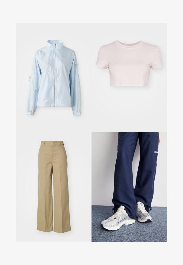 Světlemodrá zipová bunda s vysokým límcem, elastickými manžetami, jemnou výšivkou motýla na rukávech a malým logem Nike na hrudi.; Zkrácený tričko v světle růžové barvě, vyrobené z jemné tkaniny. Má kulatý výstřih a krátké rukávy se malým bílým logem Nike na hrudi.; Béžové kalhoty s širokými nohavicemi a vysokým pasem, vyrobené z bavlněné tkaniny, s prošitým pasem a bez viditelných kapes či vzorů.; Tenisky Nike s vrchní částí ze stříbrné síťoviny, bílými akcenty a texturovanou podrážkou, doplněné o volné námořnické kalhoty.