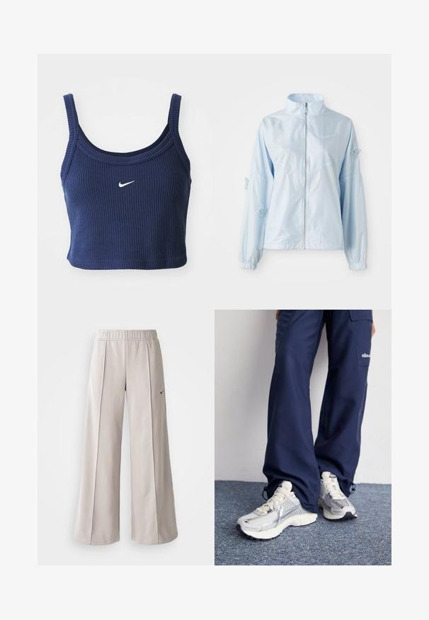 Casaco azul claro com fecho éclair, colarinho alto, punhos elásticos, delicada bordadura de borboleta nas mangas e pequeno logótipo da Nike no peito.; Top cropped azul-marinho feito de tecido canelado, com decote redondo e alças finas, apresentando um pequeno logótipo branco da Nike na parte da frente.; Calças largas de tom cinza claro feitas de tecido suave. Apresentam uma cintura elástica e o logo da Nike em preto no lado esquerdo.; Tênis esportivos Nike com parte superior em malha prata, detalhes em branco e solas texturizadas, combinados com calças largas azul-marinho.