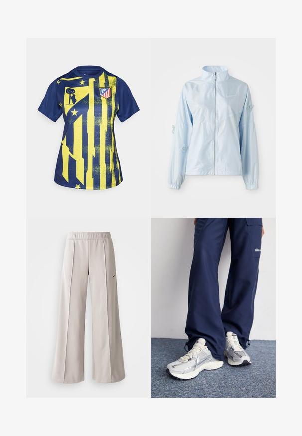 Casaco azul claro com fecho éclair, colarinho alto, punhos elásticos, delicada bordadura de borboleta nas mangas e pequeno logótipo da Nike no peito.; Camisola atlética azul e amarela com um design gráfico que apresenta riscas, estrelas e um logótipo de clube. Fabricada em material sintético suave.; Calças largas de tom cinza claro feitas de tecido suave. Apresentam uma cintura elástica e o logo da Nike em preto no lado esquerdo.; Tênis esportivos Nike com parte superior em malha prata, detalhes em branco e solas texturizadas, combinados com calças largas azul-marinho.