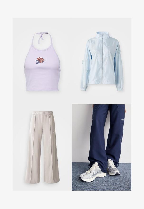 Šviesiai mėlynas užtrauktuku užsegamas džemperis su aukštu apykakle, elastingomis rankovėmis, subtiliais drugelių siuvinėjimais ant rankovių ir mažuoju Nike logotipu ant krūtinės.; Alyvinis halterio stiliaus trumpas viršus, pagamintas iš medvilnės, su rožių siuvinėjimo raštu oranžinės ir jūros geltonos spalvų, kuris užsiriša aplink kaklą.; Šviesiai pilki plačių kojų kelnės, pagamintos iš lygaus audinio. Turi elastingą juosmenį ir juodą Nike logotipą kairėje pusėje.; Nike sportiniai batai su sidabro spalvos tinklu, baltais akcentais ir tekstūruotais pado, derinami su laisvais tamsiai mėlynais kelnais.