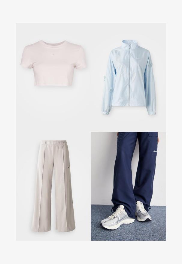 Šviesiai mėlynas užtrauktuku užsegamas džemperis su aukštu apykakle, elastingomis rankovėmis, subtiliais drugelių siuvinėjimais ant rankovių ir mažuoju Nike logotipu ant krūtinės.; Šviesiai rožinė trumpa marškinė, pagaminta iš minkštos medžiagos. Turi apvalų kaklą ir trumpas rankoves, su mažu baltu Nike logotipu ant krūtinės.; Šviesiai pilki plačių kojų kelnės, pagamintos iš lygaus audinio. Turi elastingą juosmenį ir juodą Nike logotipą kairėje pusėje.; Nike sportiniai batai su sidabro spalvos tinklu, baltais akcentais ir tekstūruotais pado, derinami su laisvais tamsiai mėlynais kelnais.