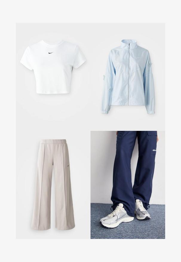Casaco azul claro com fecho éclair, colarinho alto, punhos elásticos, delicada bordadura de borboleta nas mangas e pequeno logótipo da Nike no peito.; T-shirt branca cropped, feita de algodão, com mangas curtas e decote redondo, apresentando o logótipo da Nike em preto no peito.; Calças largas de tom cinza claro feitas de tecido suave. Apresentam uma cintura elástica e o logo da Nike em preto no lado esquerdo.; Tênis esportivos Nike com parte superior em malha prata, detalhes em branco e solas texturizadas, combinados com calças largas azul-marinho.