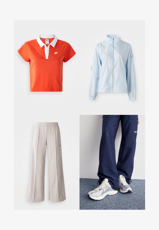 Šviesiai mėlynas užtrauktuku užsegamas džemperis su aukštu apykakle, elastingomis rankovėmis, subtiliais drugelių siuvinėjimais ant rankovių ir mažuoju Nike logotipu ant krūtinės.; Oranžinė polo marškinė su baltu apykakle, trumpomis rankovėmis ir baltu Nike logotipu kairėje krūtinės pusėje. Pagaminti iš švelnaus medvilnės mišinio.; Šviesiai pilki plačių kojų kelnės, pagamintos iš lygaus audinio. Turi elastingą juosmenį ir juodą Nike logotipą kairėje pusėje.; Nike sportiniai batai su sidabro spalvos tinklu, baltais akcentais ir tekstūruotais pado, derinami su laisvais tamsiai mėlynais kelnais.