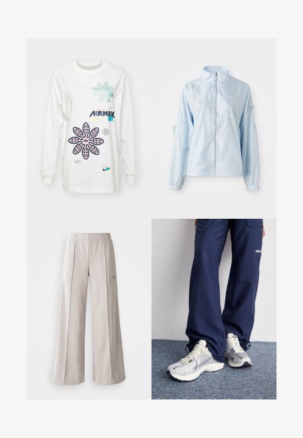 Ljusblå zip-up jacka med hög krage, elastiska ärmslut, delikat fjärilsbroderi på ärmarna och liten Nike-logotyp på bröstet.; Vit långärmad T-shirt med färgglada blommönster och varumärkestext. Mjuk tyg med avslappnad passform, rund halsringning och lång ärm.; Ljusgrå vida byxor tillverkade av mjukt tyg. Har en elastisk midja och svart Nike-logotyp på vänster sida.; Nikes sportskor med en silverfärgad nätöverdel, vita detaljer och texturerade sulor, i kombination med löst sittande marinblå byxor.