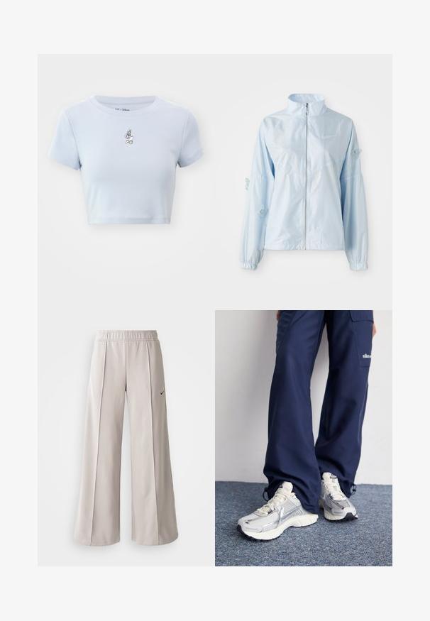 Jachetă bleumarin deschis, cu fermoar, cu guler înalt, manșete elastice, broderie delicată cu fluturi pe mâneci și logo mic Nike pe piept.; GAP TEE - Tricou cu imprimeu - jet stream blue; Pantaloni largi de culoare gri deschis, confecționați dintr-un material neted. Au o talie elastică și un logo Nike negru pe partea stângă.; Pantofi sport Nike cu un superior din plasă argintie, accente albe și tălpi texturate, asortați cu pantaloni confortabili de culoare marină.