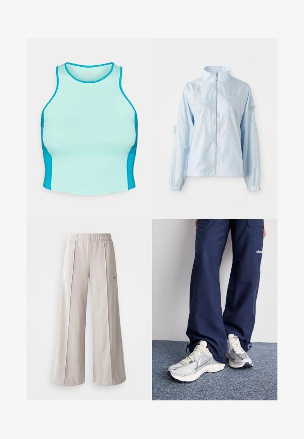 Gaiši zils jaku ar rāvējslēdzēju, augstu apkakli, elastīgām piedurknēm, smalku tauriņu izšuvumu uz piedurknēm un nelielu Nike logo uz krūtīm.; Fitted sporta tīkls gaiši akvamarīna krāsā ar tumšākiem akvamarīna sānu paneļiem. Izgatavots no elastīga auduma ar gludu tekstūru un apaļu kakla izgriezumu.; Gaiši pelēkas platas bikses, izgatavotas no gludas auduma. Iezīmēta ar elastīgu jostu un melnu Nike logo kreisajā pusē.; Nike sporta apavi ar sudraba sietu augšdaļu, baltām akcentiem un teksturētām zolēm, saskaņoti ar brīviem zila toņa biksēm.