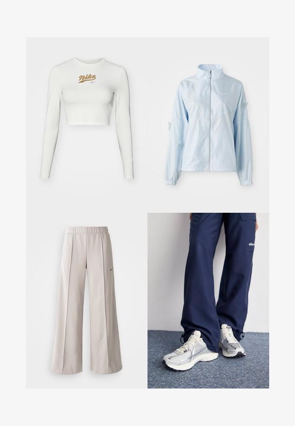 Casaco azul claro com fecho éclair, colarinho alto, punhos elásticos, delicada bordadura de borboleta nas mangas e pequeno logótipo da Nike no peito.; Camisola cropped de manga longa branca, feita em tecido suave, com uma impressão do logótipo dourado da Nike no peito e um clássico decote redondo.; Calças largas de tom cinza claro feitas de tecido suave. Apresentam uma cintura elástica e o logo da Nike em preto no lado esquerdo.; Tênis esportivos Nike com parte superior em malha prata, detalhes em branco e solas texturizadas, combinados com calças largas azul-marinho.