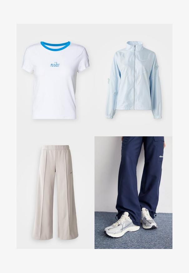 Gaiši zils jaku ar rāvējslēdzēju, augstu apkakli, elastīgām piedurknēm, smalku tauriņu izšuvumu uz piedurknēm un nelielu Nike logo uz krūtīm.; Nike Sportswear Apdrukāts T-krekls - white; Gaiši pelēkas platas bikses, izgatavotas no gludas auduma. Iezīmēta ar elastīgu jostu un melnu Nike logo kreisajā pusē.; Nike sporta apavi ar sudraba sietu augšdaļu, baltām akcentiem un teksturētām zolēm, saskaņoti ar brīviem zila toņa biksēm.
