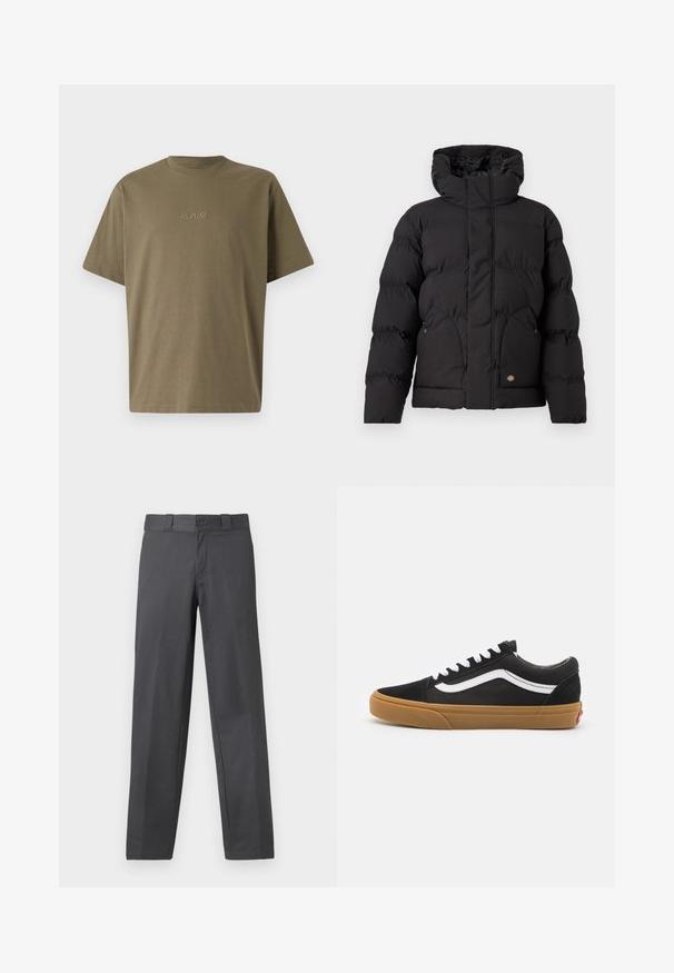 Svart pufferjakke med høy krage, med glidelås foran, to sidelommer og et logoakent på nedre front. Myk, quiltet tekstur.; Lys grå genser laget av mykt stoff, med rund hals, lange ermer og ribbestrikkede mansjetter og kant. Minimalistisk design uten mønstre.; Olivengrønn T-skjorte, rund hals, korte ermer, laget av myk stoff. Har "REPLAY" brodert foran i en matchende nyanse.; Grå bukser laget av glatt stoff, med en rett ben-design, knappelukking og beltehemper; minimale sømmer og uten mønster.; Svarte semskete joggesko med hvit side stripe, hvite snørebånd og såle i gummigummi. Klassisk lavt design med teksturerte detaljer og rund tå.