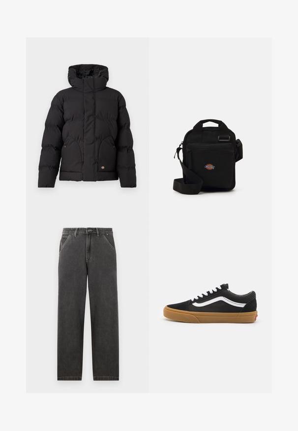 Melnā pūkaina jaka ar augstu apkakli, ar rāvējslēdzēju priekšā, divām sānu kabatām un logotipa akcentu apakšējā priekšā. Mīksts, kviltots audums.; Gaiši pelēks džemperis, izgatavots no mīkstas auduma, ar apaļu kakla izgriezumu, garām piedurknēm un ribotām aprocēm un apakšmalu. Minimālisma dizains bez rakstiem.; Tumši pelēki džinsu bikses ar taisnu piegriezumu, kas ir aprīkotas ar kontrastējošiem baltiem diegiem, pogu aizdari un sānu kabatām.; Melnas zamšādas kedas ar baltu sānu svītru, baltām šņorēm un gumijas zoli. Klasisks zema profila dizains ar tekstūru akcentiem un noapaļu purngali.; Melna pleca soma ar rāvējslēdzēja kabatu, taisnstūra forma, izgatavota no auduma, ar logotipa uzšuvi priekšpusē, regulējams plecu siksna.