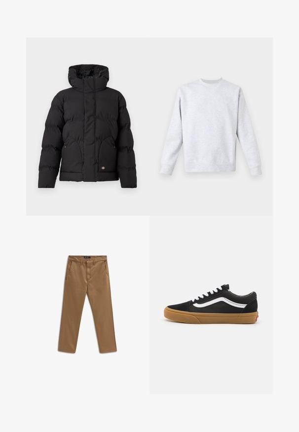 Sort pufferjakke med høj krave, med lynlås foran, to sidelommer og en logoaccent foran nederst. Blød, quilted tekstur.; Lys grå sweatshirt lavet af blødt stof, med rund hals, lange ærmer og ribbede manchetter og kant. Minimalistisk design uden mønstre.; Brune bomuldsbukser med lige ben-design, der har to frontlommer og en subtil strækbarhed. Rette linjer og minimale syninger.; Sorte ruskind sneakers med hvid stribe på siden, hvide snørebånd og gummisål. Klassisk lavtopdesign med teksturerede detaljer og rund tå.