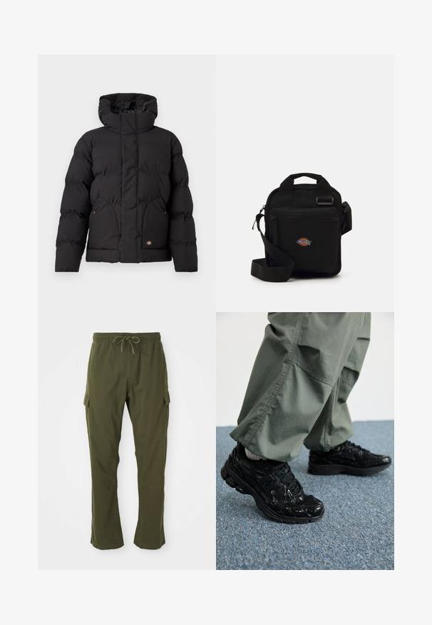 Black puffer jacket with a high collar, featuring a zip front, two side pockets, and a logo accent on the lower front. Soft, quilted texture.; Light gray sweatshirt made of soft fabric, featuring a crew neck, long sleeves, and ribbed cuffs and hem. Minimalist design with no patterns.; Olive green cargo pants with an elastic waistband, drawstring, and side pockets. The fabric appears soft with a smooth texture.; Black athletic sneakers with glossy and mesh textures, featuring a thick sole and laces, paired with loose olive-green cargo pants.; Black crossbody bag with a zippered pocket, rectangular shape, made of fabric, featuring a logo patch on the front, adjustable shoulder strap.