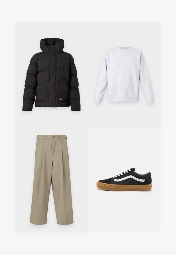 Svart puffjacka med hög krage, med dragkedja framtill, två sidofickor och en logotypdetalj på den nedre framsidan. Mjuk, vadderad textur.; Ljusgrå sweatshirt gjord av mjukt tyg, med rund hals, långa ärmar och ribbade muddar och nederkant. Minimalistisk design utan mönster.; Beiga vida byxor i bomull, med en frontveck, knappstängning och bältesöglor. Tyget har en slät textur.; Svarta mockaskor med vit sidostrimma, vita snören och klibbig gummisula. Klassisk lågdesign med texturerade detaljer och rund tå.