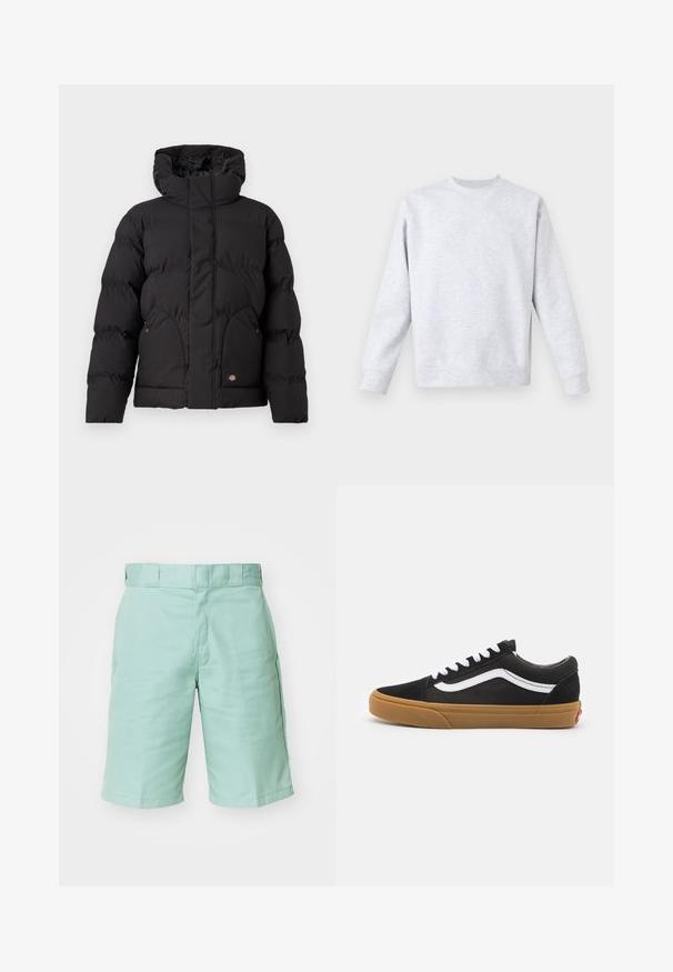 Crna puf jakna s visokim ovratnikom, s patentnim zatvaranjem sprijeda, dva bočna džepa i logom na donjem dijelu sprijeda. Mekana, kviltana tekstura.; Svijetlo siva dukserica od mekanog materijala, sa okruglim izrezom, dugim rukavima te rebrastim manžetama i donjim rubom. Minimalistički dizajn bez uzoraka.; Cargo šorts u mint zelenoj boji, izrađeni od pamuka, sa dva bočna džepa, ravnim pojasom i šavovima. Glatka tekstura bez uzoraka.; Crne suède tenisice s bijelim bočnim crtama, bijelim vezicama i gumiranim potplatom. Klasičan niskoprofilni dizajn s teksturiranim detaljima i zaobljenim vrhom.
